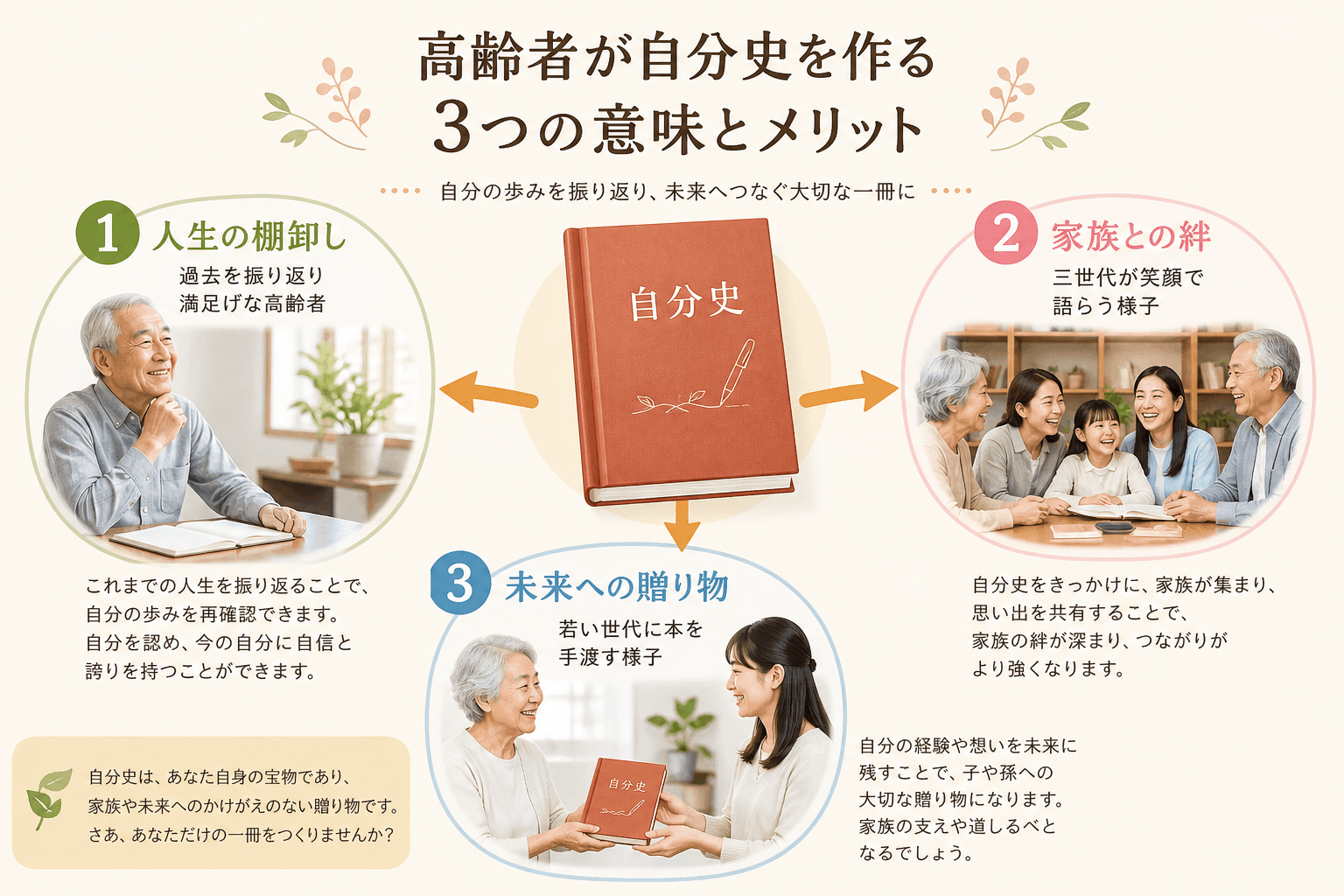 日本人、日本のスタイル, 高齢者が自分史を作ることの3つの意味とメリットを伝えるインフォグラフィック。中央に「自分史」と書かれた本を配置。そこから3つの矢印が伸び、それぞれ「人生の棚卸し（過去を振り返