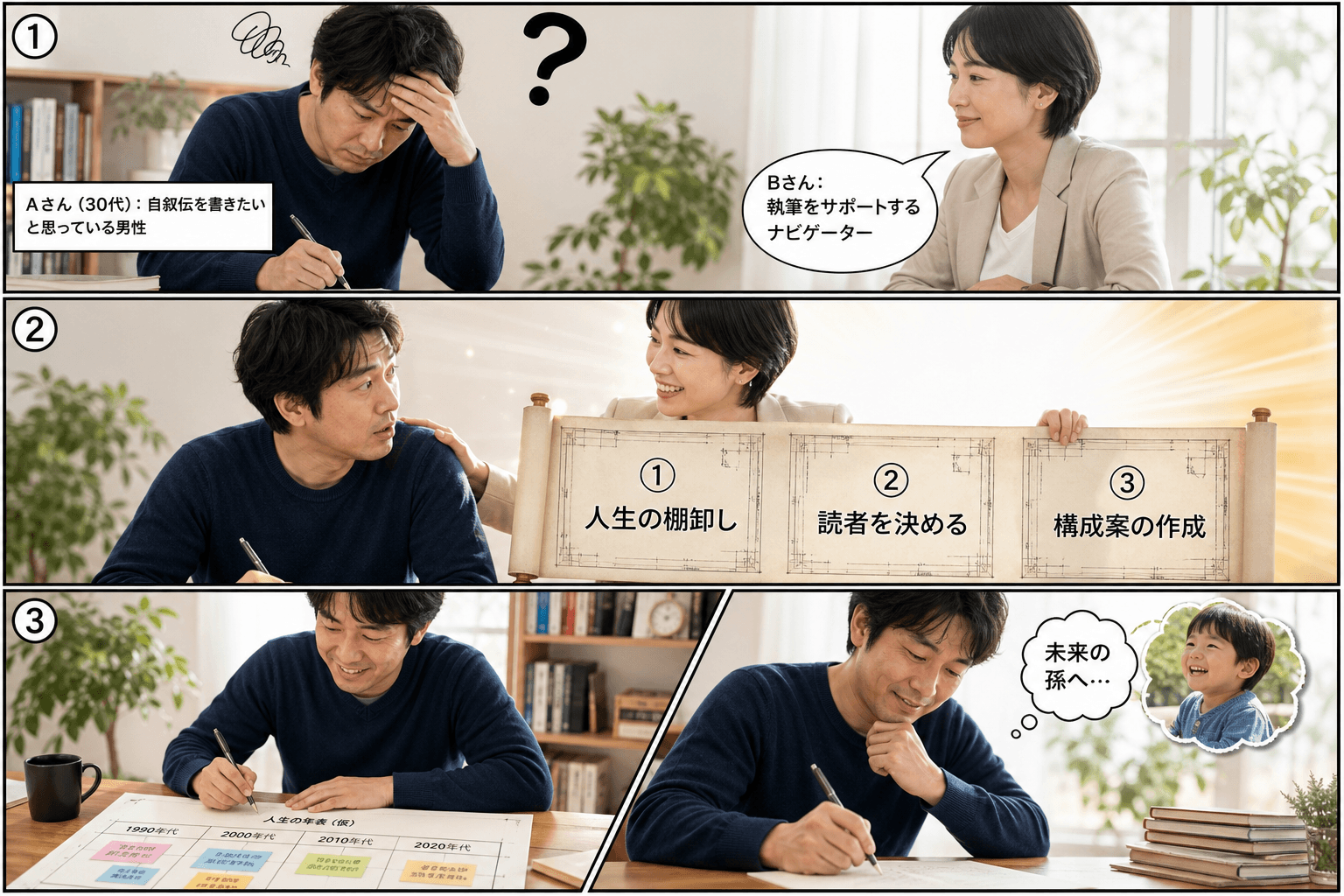 3コママンガ、コマ割りで1枚の画像に収める。コマ1: Aさん: 自叙伝を書きたいと思っている30代男性。 Bさん: 執筆をサポートするナビゲーター。、机に向かうAさん。目の前には真っ白な原稿用紙が一枚