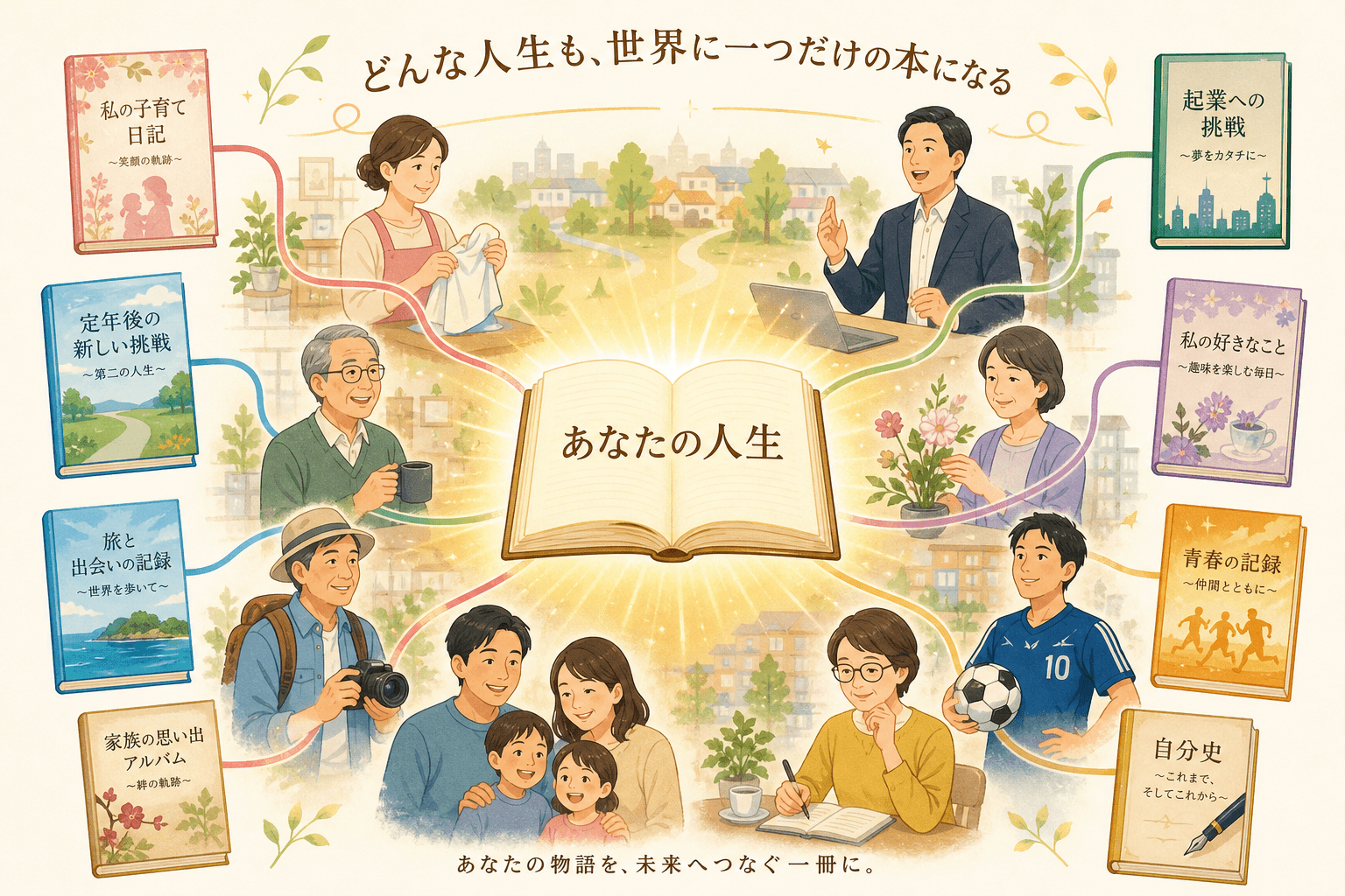 日本人、日本のスタイル, 「どんな人生も、世界に一つだけの本になる」というコンセプトのインフォグラフィック。中央に「あなたの人生」と書かれた開かれた本を配置し、そこから光が放たれている。その周りを囲む