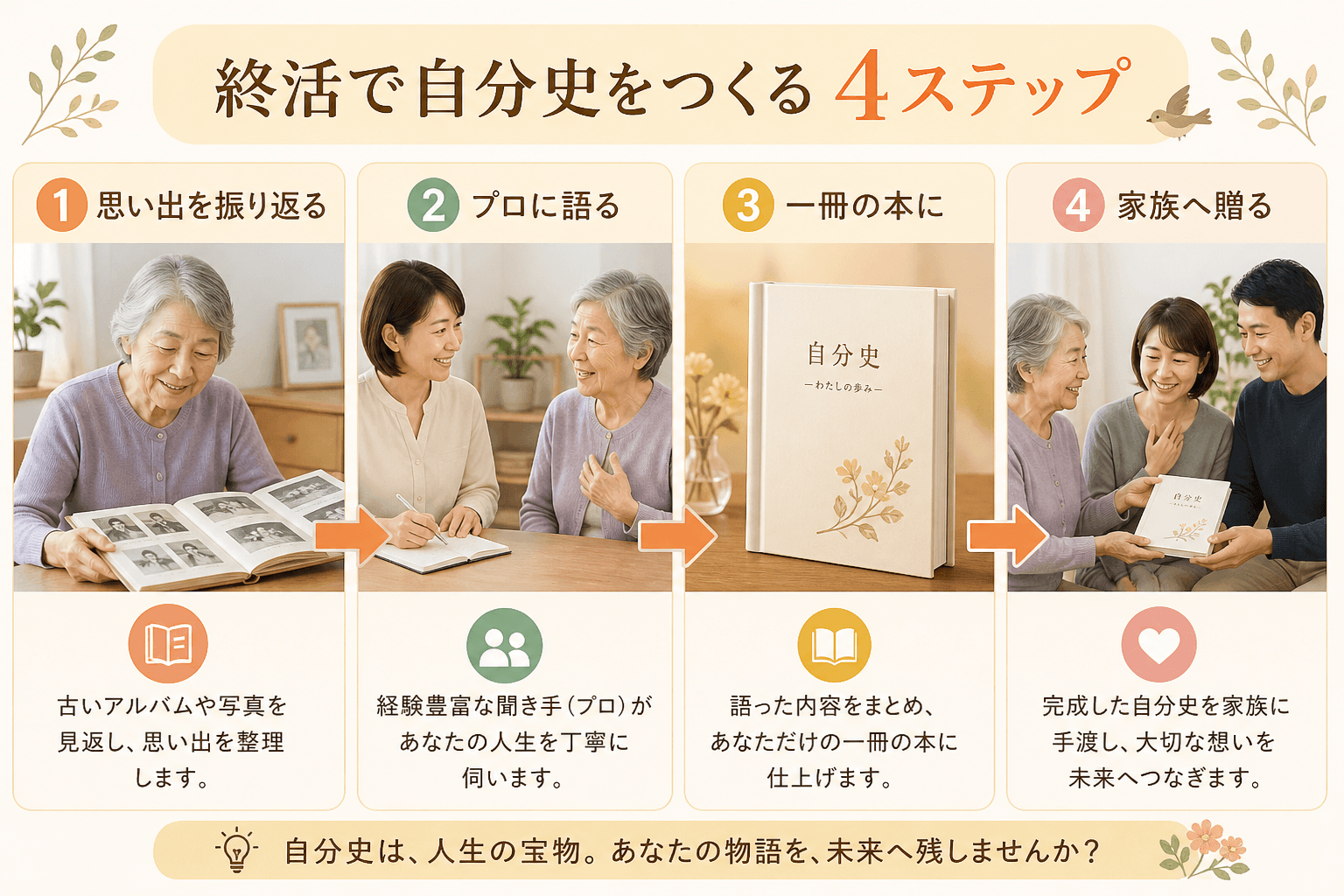 日本人、日本のスタイル, インフォグラフィック、フローチャート形式。「終活で自分史をつくる4ステップ」をテーマにした図解。ステップ1: 高齢者がアルバムを見ながら微笑む。ステップ2: 優しい聞き手（プ