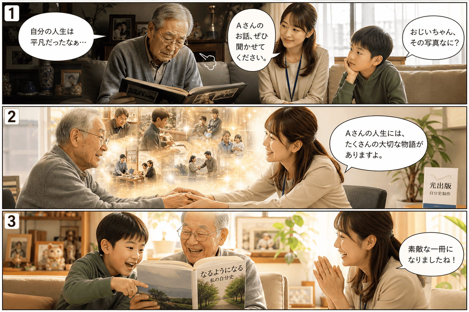 3コママンガ、コマ割りで1枚の画像に収める。コマ1: Aさん: 80代の男性。自分の人生は平凡だと思っている。 Bさん: 光出版の女性スタッフ。聞き上手で優しい雰囲気。 Cさん: Aさんの孫（小学生）