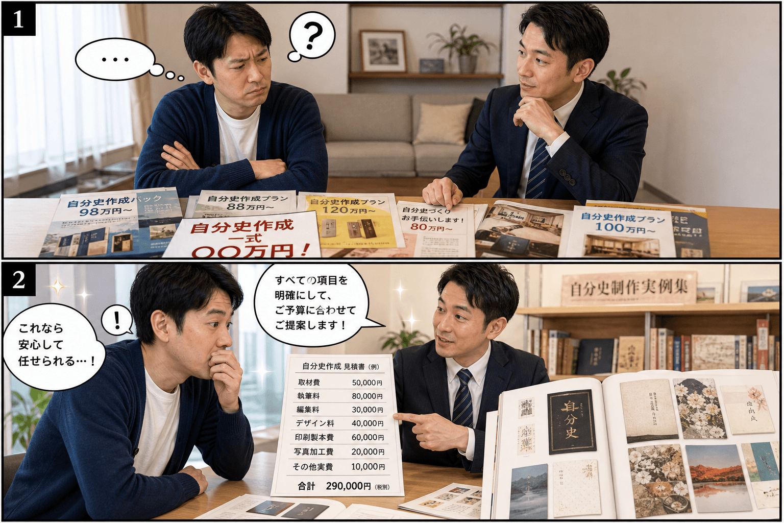 2コママンガ、コマ割りで1枚の画像に収める。コマ1: Aさん: 30代の男性。父親の自分史作成を検討している。 Bさん: 出版社のスタッフ。親身で頼りになる雰囲気。、リビングのテーブル。Aさんが数社の