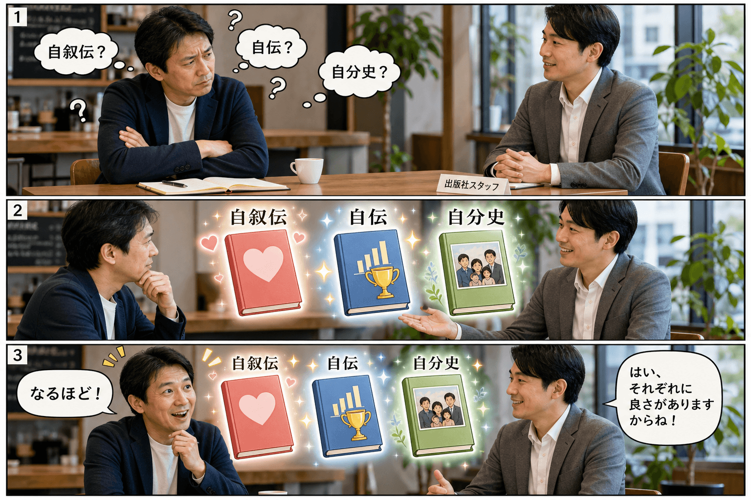 3コママンガ、コマ割りで1枚の画像に収める。コマ1: Aさん: 自分の人生を本にしたいと考えている男性。 Bさん: 出版社のスタッフ。、カフェのテーブルで、Aさんがノートを前に腕を組んで悩んでいる。頭