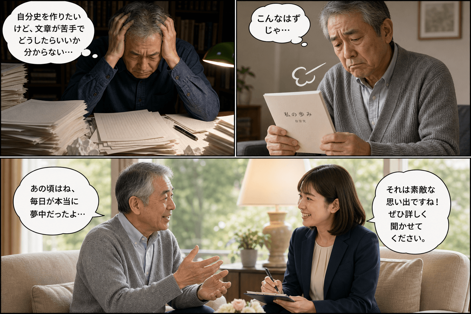 2コママンガ、コマ割りで1枚の画像に収める。コマ1: Aさん: 60代男性。自分史を作りたいが、文章が苦手で悩んでいる。 Bさん: 30代女性。自分史作成代行会社のプロのインタビュアー。、画面を左右に