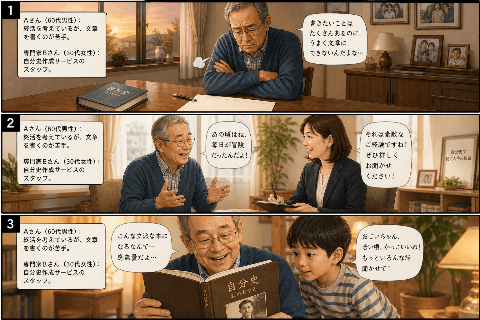 3コママンガ、コマ割りで1枚の画像に収める。コマ1: Aさん（60代男性）: 終活を考えているが、文章を書くのが苦手。 専門家Bさん（30代女性）: 自分史作成サービスのスタッフ。、自宅の居間。Aさん