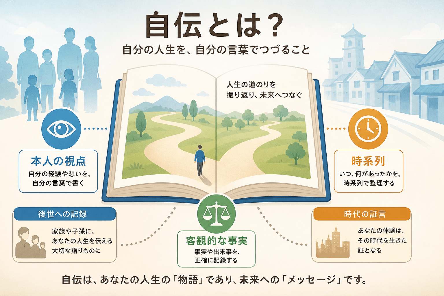 日本人、日本のスタイル, インフォグラフィック、「自伝とは？」をテーマにした図解。中央に、人生の道が描かれた開かれた本を配置。本の周りに「本人の視点」「客観的な事実」「時系列」の3要素をアイコン（目、