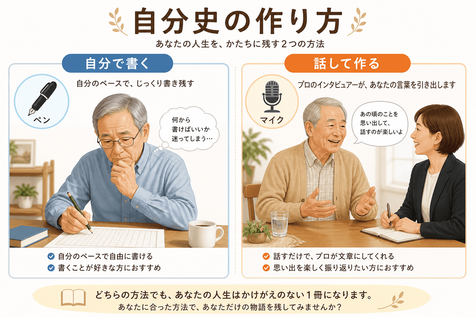 日本人、日本のスタイル, 「自分史の作り方」をテーマにしたインフォグラフィック。画面を左右に分割した比較図。左には「自分で書く」方法として原稿用紙を前に悩む高齢者、右には「話して作る」方法としてプロの