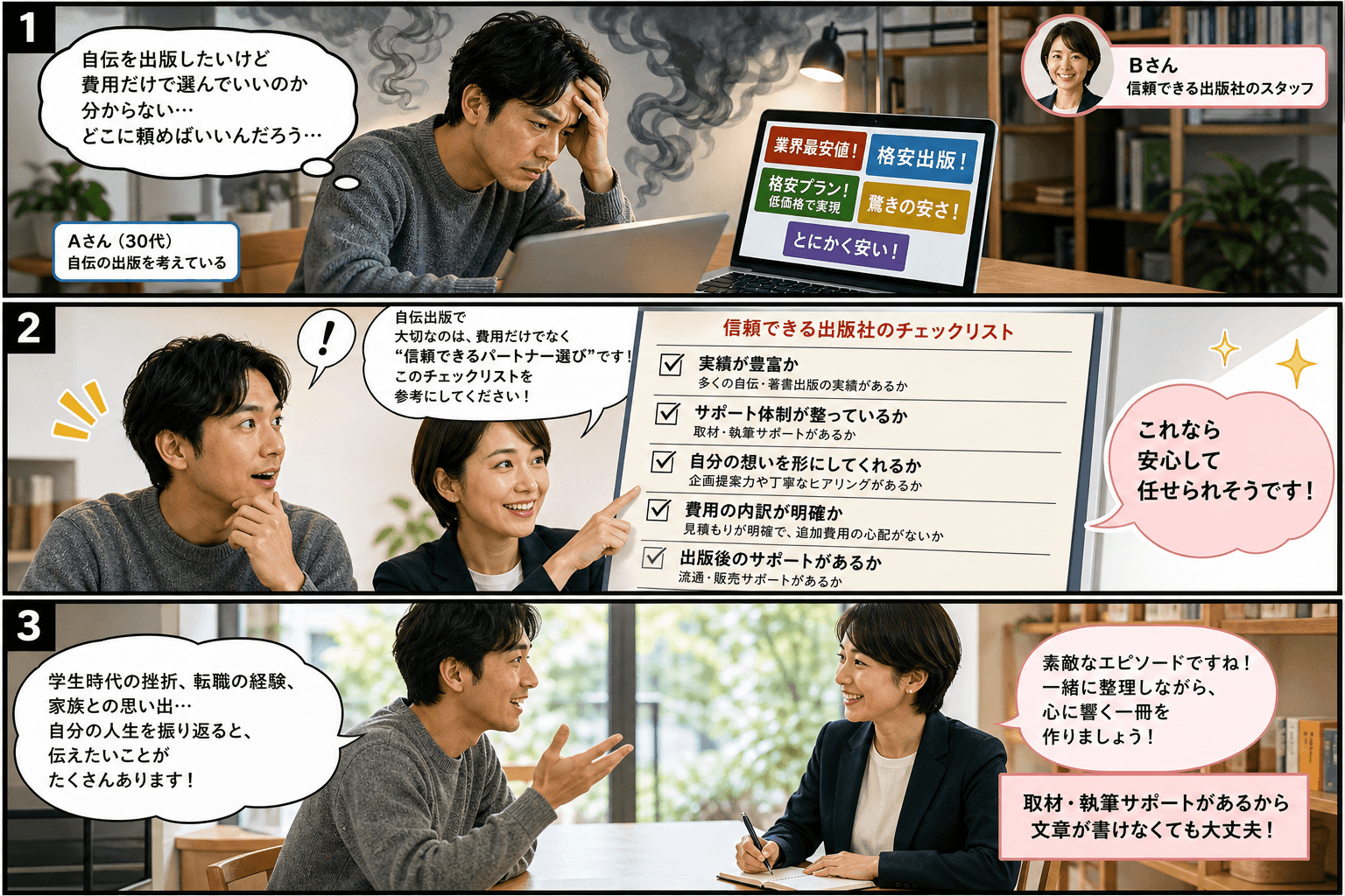 3コママンガ、コマ割りで1枚の画像に収める。コマ1: Aさん: 自伝の出版を考えている30代男性。 Bさん: 信頼できる出版社のスタッフ。、自宅のデスクで、ノートパソコンを前に頭を抱えているAさん。パ