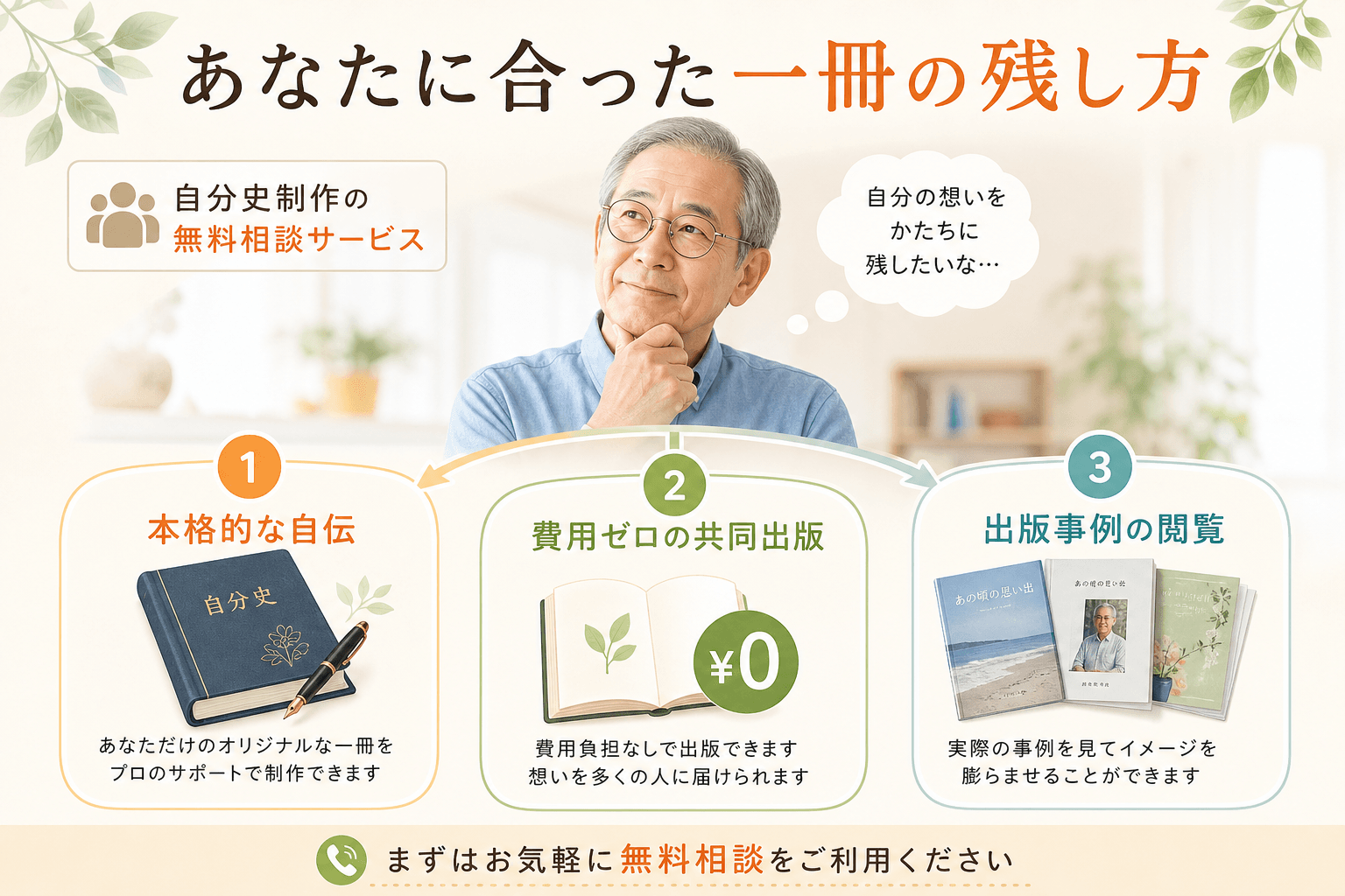 日本人、日本のスタイル, 自分史制作の無料相談サービスに関するインフォグラフィック。中央に自分史について考えるシニアの人物を配置し、そこから3つの選択肢が分岐する構成。各選択肢はアイコンとキーワードで