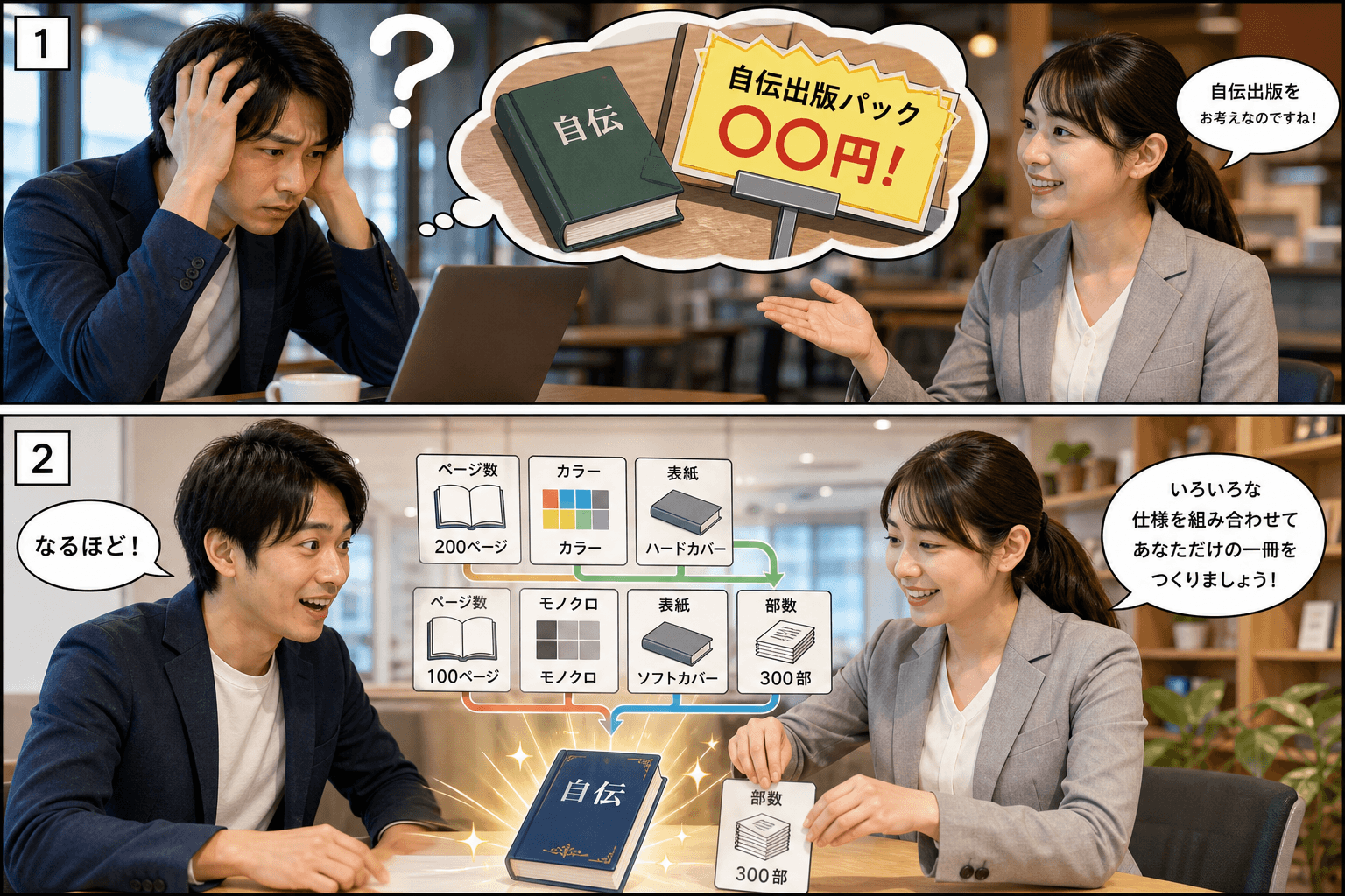 2コママンガ、コマ割りで1枚の画像に収める。コマ1: 自伝出版を検討するAさん（30代男性）、出版社のスタッフBさん（女性）、カフェで一人、パソコンを見ながら頭を抱えているAさん。頭の上に大きな「？」