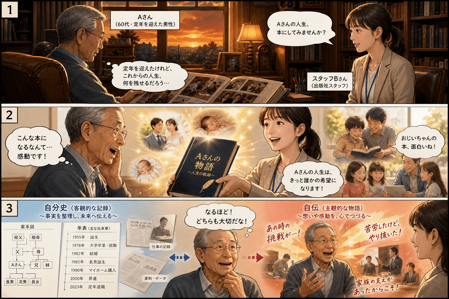 3コママンガ、コマ割りで1枚の画像に収める。コマ1: Aさん: 60代男性。定年を迎え、これからの人生について考えている。 スタッフBさん: 30代女性。出版社のスタッフ。、夕暮れの書斎。肘掛け椅子に