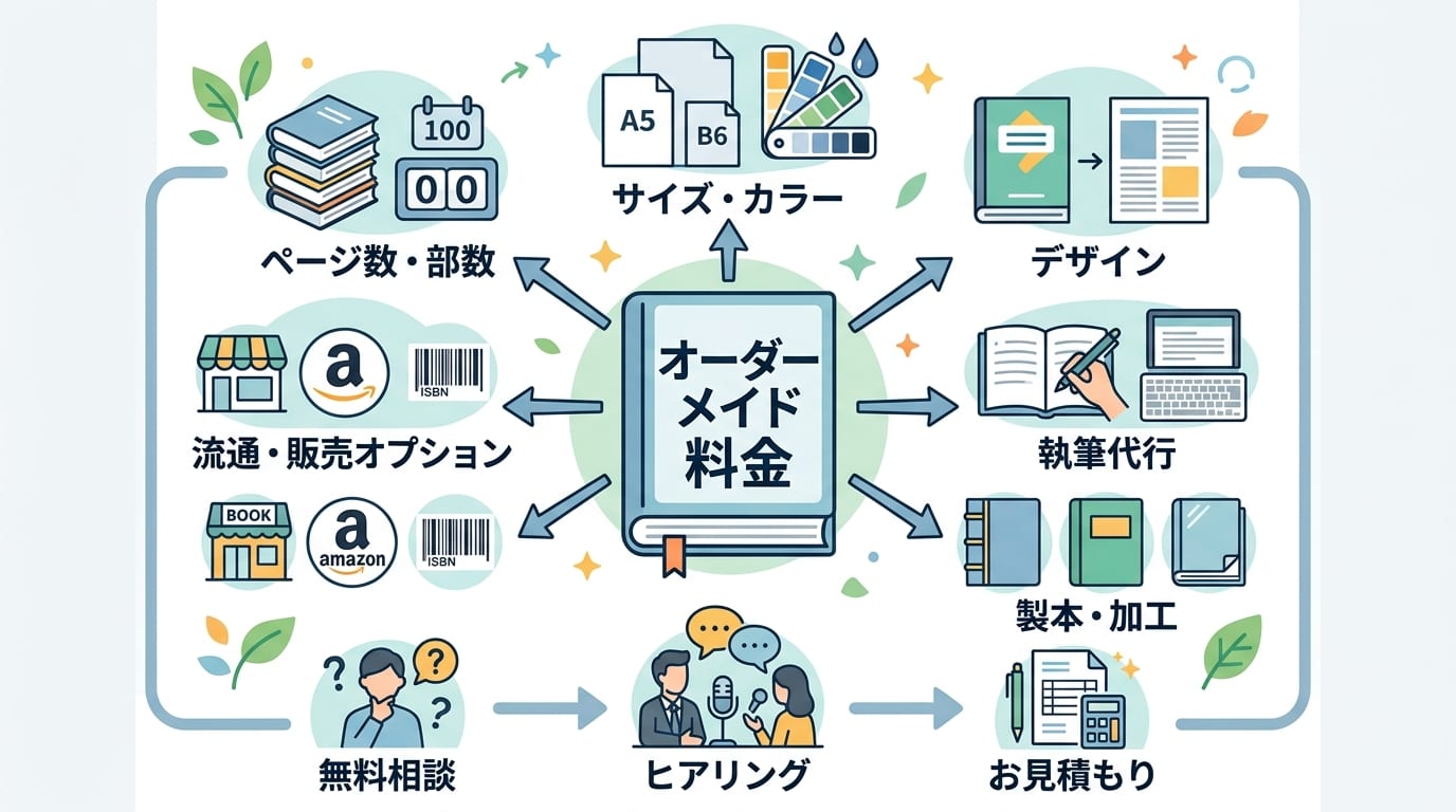日本人、日本のスタイル, 自費出版の費用がオーダーメイドで決まる仕組みのインフォグラフィック。中央に「オーダーメイド料金」と書かれた本のアイコンを配置。その周りに「ページ数・部数」「サイズ・カラー」「
