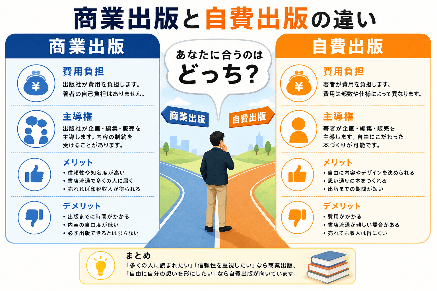 日本人、日本のスタイル, 「商業出版と自費出版の違い」をテーマにしたインフォグラフィック。画面を中央で2分割した比較表で、左に「商業出版」、右に「自費出版」を配置。費用負担、主導権、メリット・デメリッ