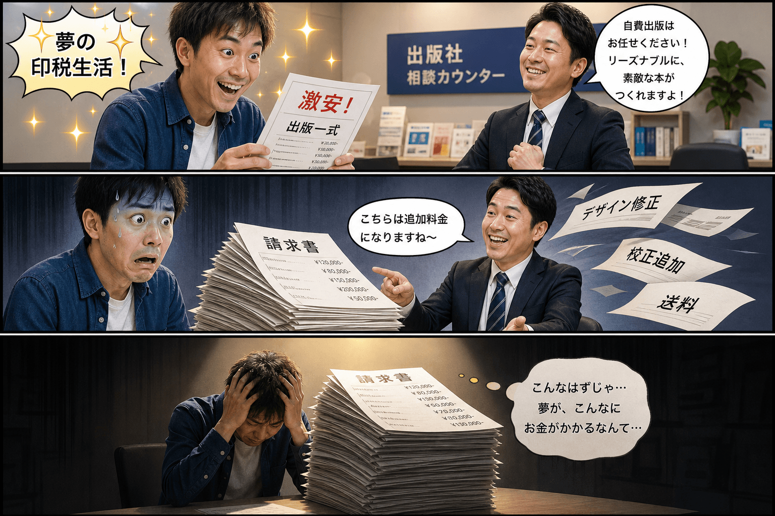 3コママンガ、コマ割りで1枚の画像に収める。コマ1: - Aさん: 自費出版を夢見る30代男性。少し楽観的。 - Bさん: 出版社の営業スタッフ。笑顔で対応する。、出版社の相談カウンター。Aさんが「激