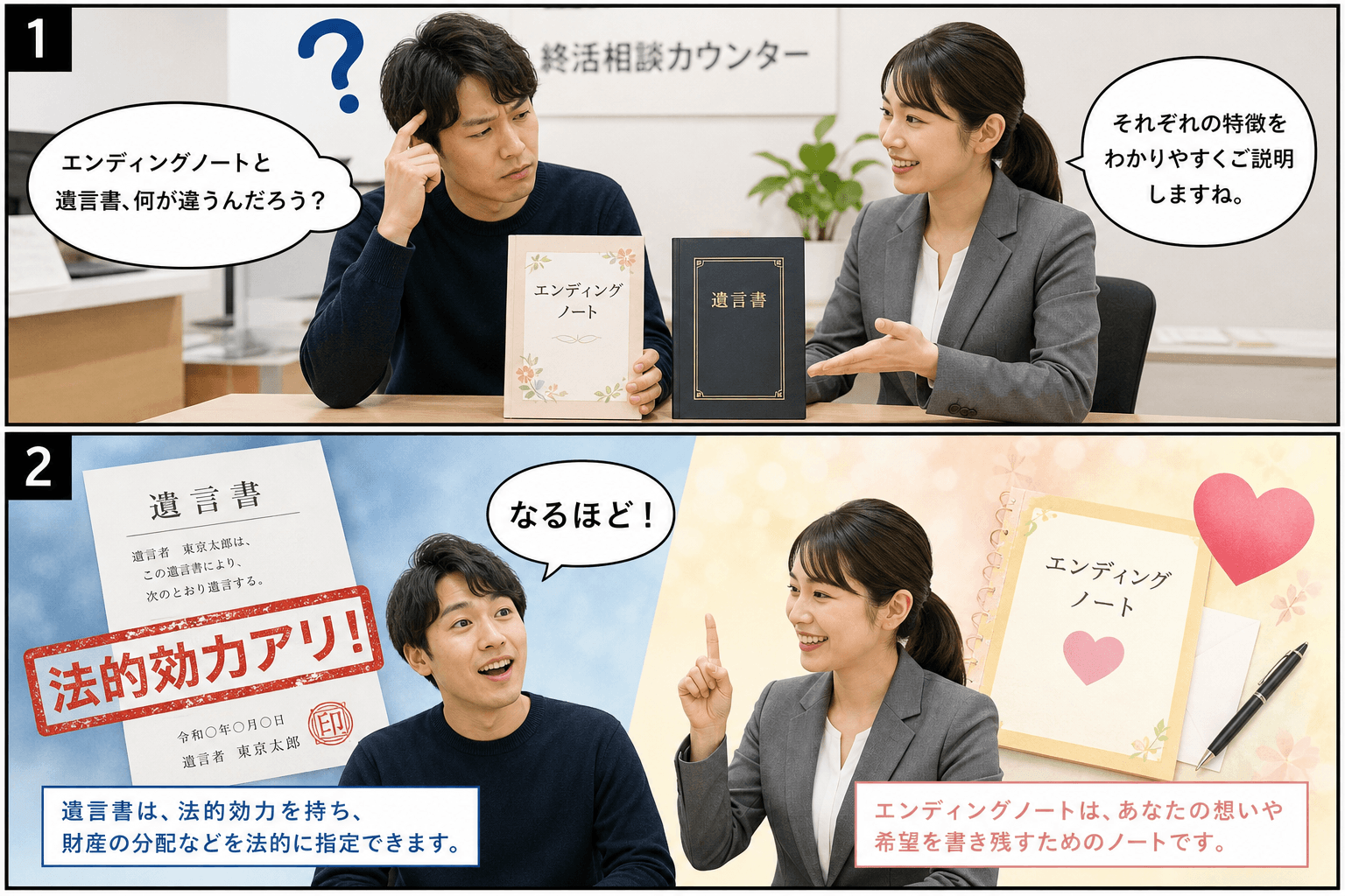 2コママンガ、コマ割りで1枚の画像に収める。コマ1: Aさん: 終活について考え始めた30代の男性 Bさん: 専門スタッフ、カウンターで相談しているAさんとBさん。Aさんが「エンディングノート」と「遺