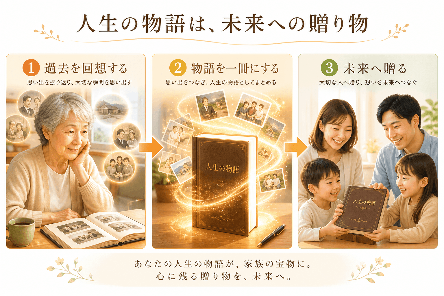 日本人、日本のスタイル, インフォグラフィック、フロー図。「人生の物語を未来へ贈る」という概念を3ステップで描く。左に、過去を回想する優しい表情の高齢者。中央で、その思い出が光の軌跡となり美しい一冊の