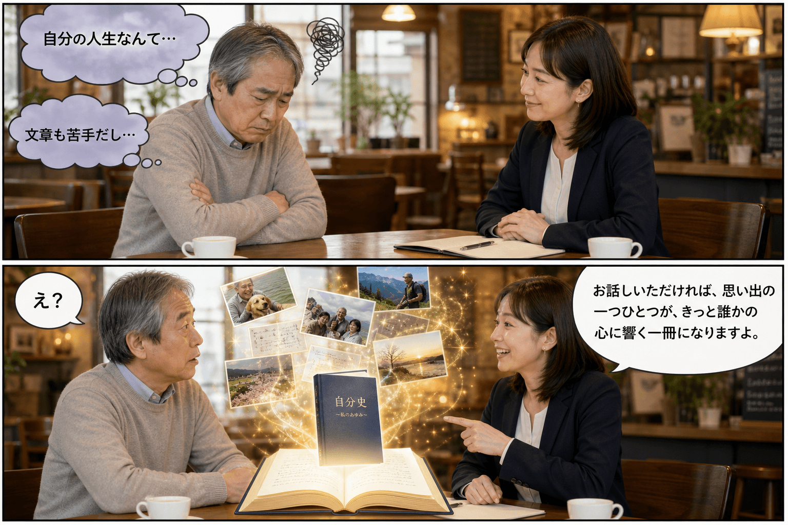 2コママンガ、コマ割りで1枚の画像に収める。コマ1: Aさん: 自伝出版を検討している60代男性。 Bさん (編集者): 出版社の女性スタッフ。親しみやすい雰囲気。、カフェのテーブルを挟んで向かい合う