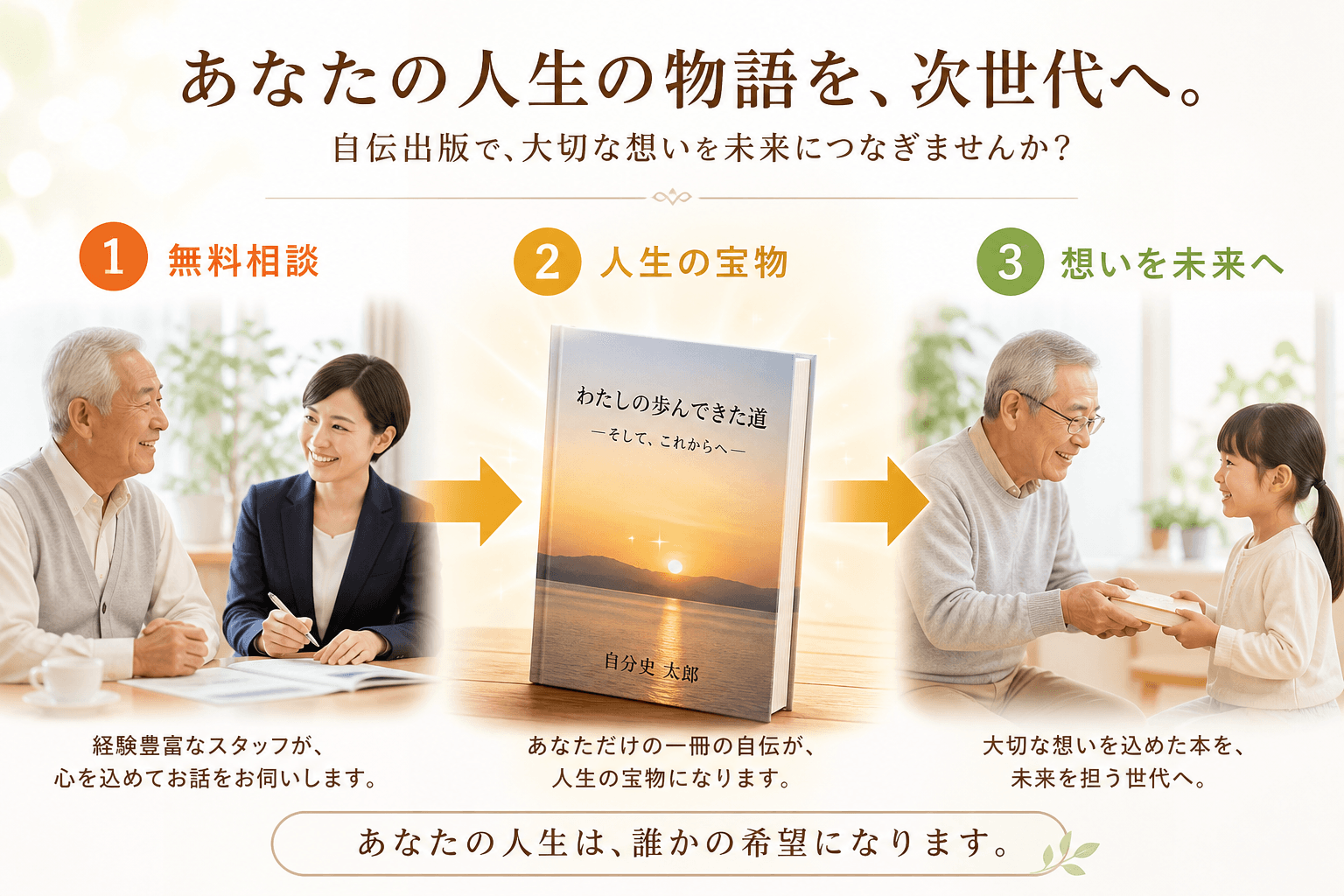日本人、日本のスタイル, 自伝出版で人生の物語を次世代へ繋ぐ流れを描く、温かみのあるフラットデザインのインフォグラフィック。左から右へ3つのステップを矢印で繋ぐ。1:高齢者が専門スタッフと笑顔で相談（