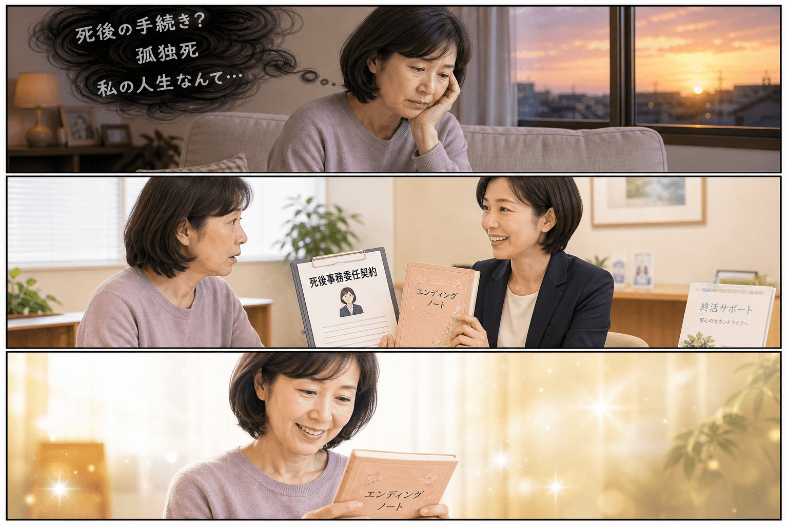 3コママンガ、コマ割りで1枚の画像に収める。コマ1: Aさん: 50代の女性。おひとりさまで、終活に漠然とした不安を抱えている。 Bさん: 終活サポートの専門家。穏やかで信頼できる雰囲気。、自宅のソフ