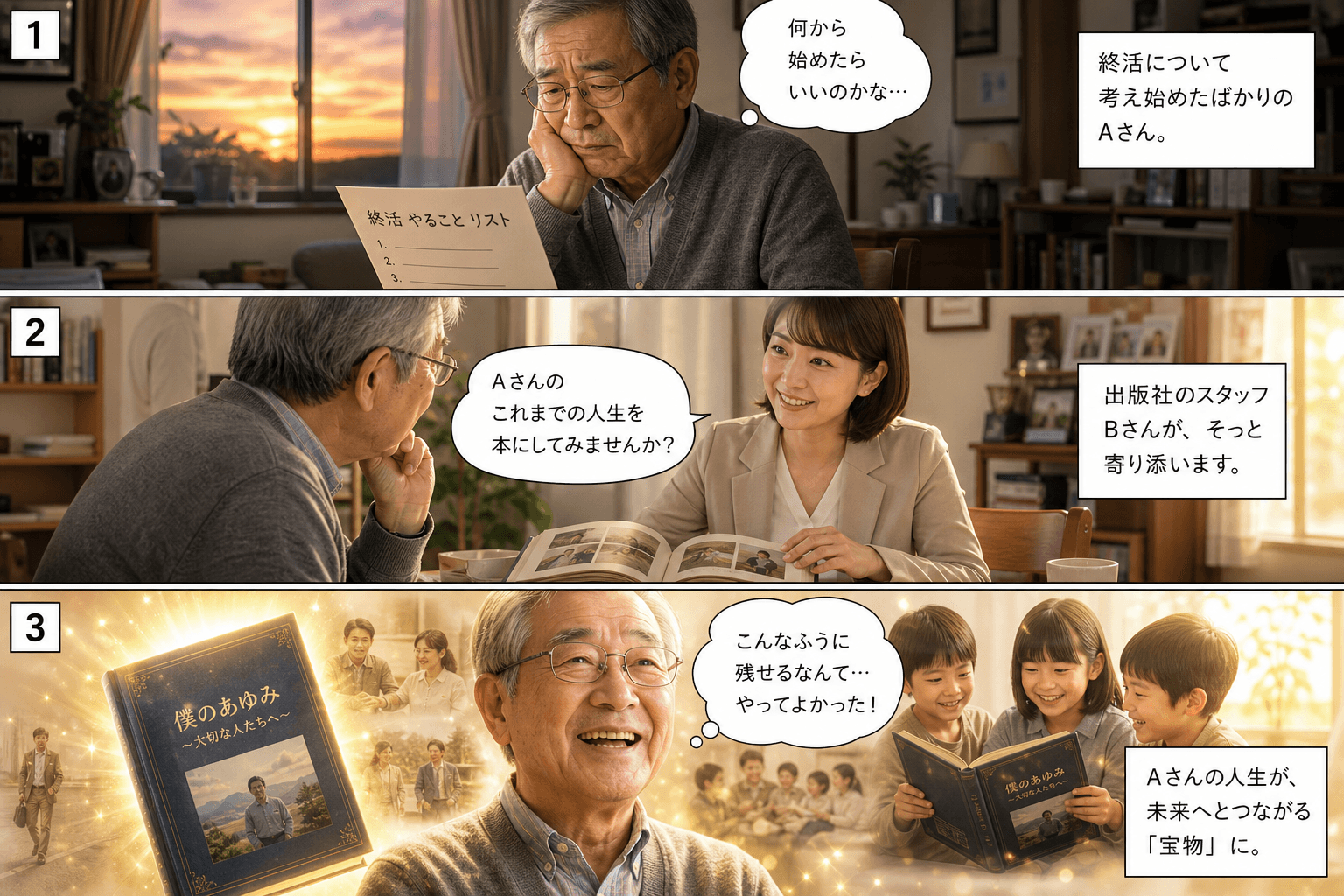 3コママンガ、コマ割りで1枚の画像に収める。コマ1: Aさん: 70代の男性。終活について考え始めたばかり。 Bさん: 出版社のスタッフ。穏やかで聞き上手な女性。、リビングのテーブルで、Aさんが一人、