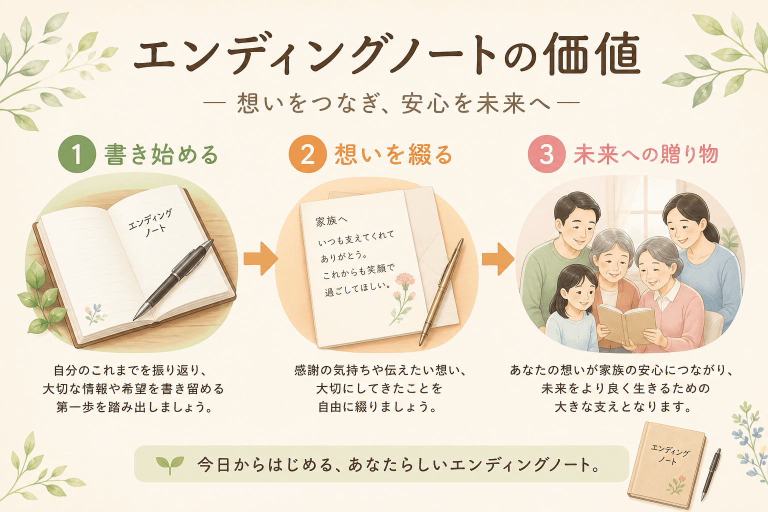 日本人、日本のスタイル, エンディングノートの価値を伝えるインフォグラフィック。温かみのあるデジタルイラストで、3つのステップを示すフロー図。①「書き始める」ノートとペン。②「想いを綴る」感謝のメッセ